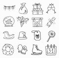 Doodle icons set in New Year and Christmas style. Drawn by hand. Color and black-and-white drawings. Elements for postcards, banne Royalty Free Stock Photo